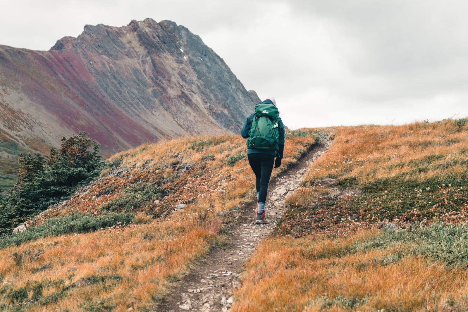A hiker carrying a loaded pack on a mountain trail in autumn