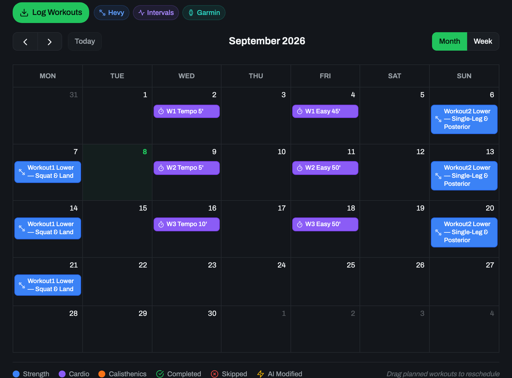 A month of training in phase.fitness: strength and cardio sessions on the calendar, with Hevy, Intervals.icu and Garmin connected