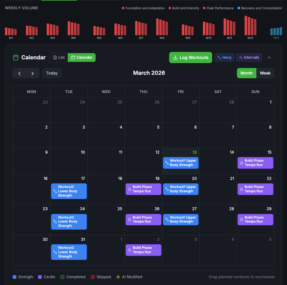 Calendar view with scheduled workouts