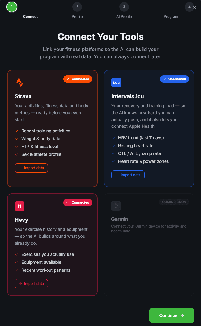Onboarding — Connect your fitness tools